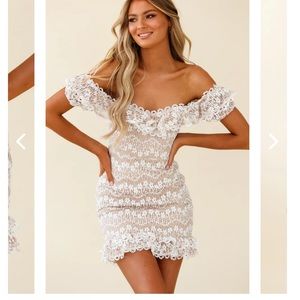 BOBBY BARDOT NECKLINE FLORAL LACE OVERLAY DRESS white and BEIGE